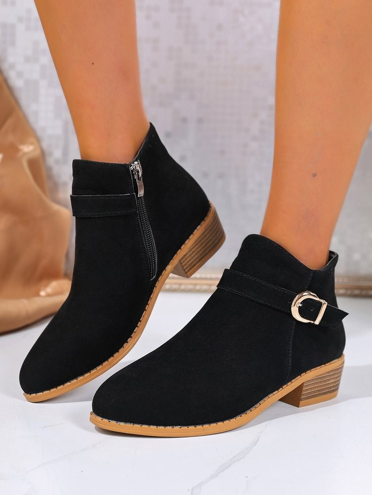 Valerie Vegan Suede Buckle Block-Heel Boots