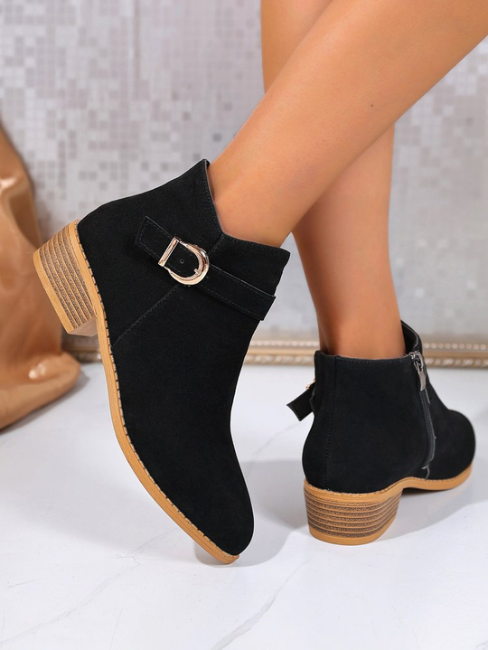 Valerie Vegan Suede Buckle Block-Heel Boots