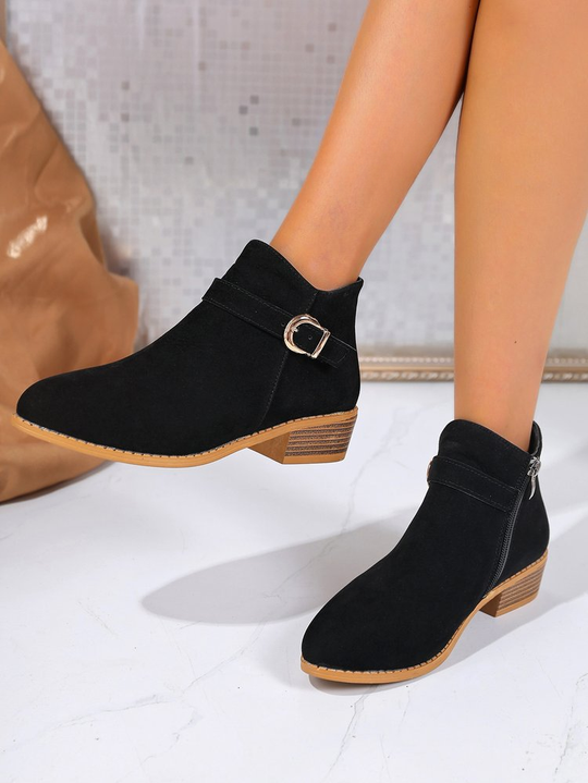 Valerie Vegan Suede Buckle Block-Heel Boots