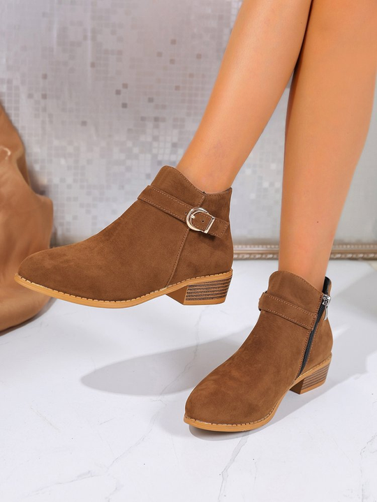 Valerie Vegan Suede Buckle Block-Heel Boots