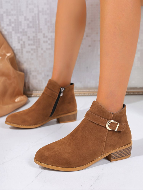 Valerie Vegan Suede Buckle Block-Heel Boots