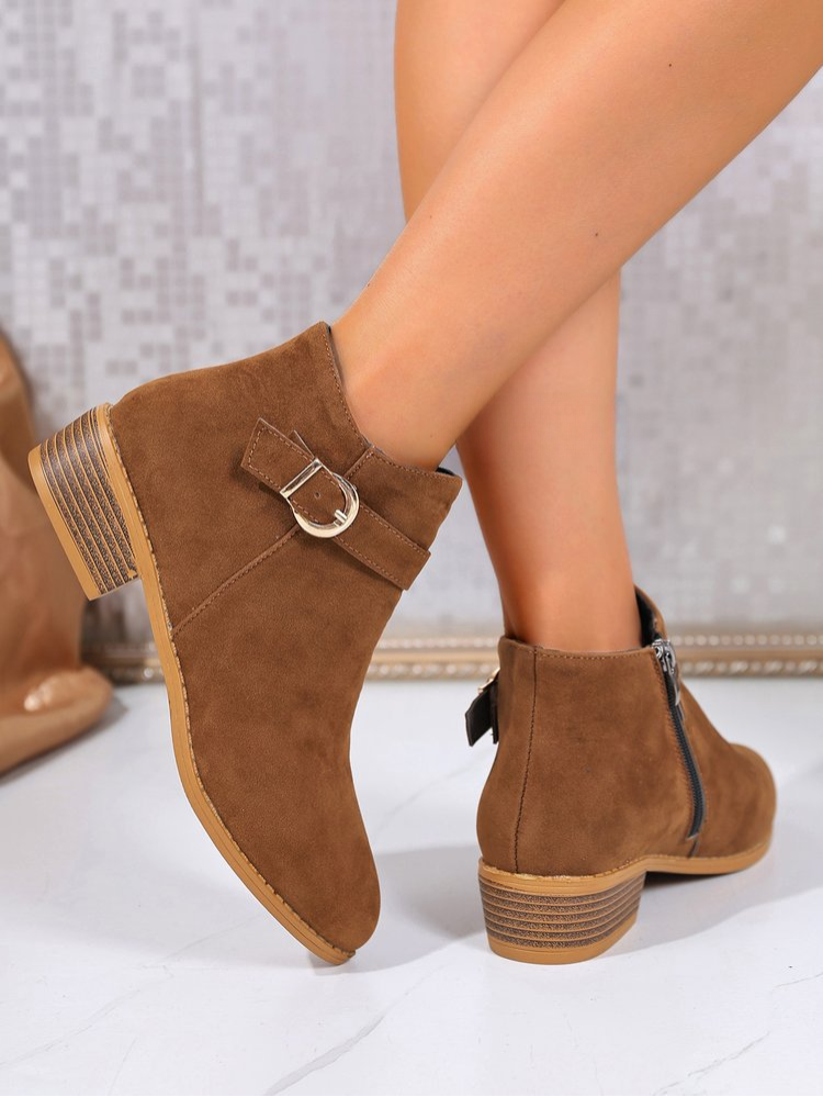 Valerie Vegan Suede Buckle Block-Heel Boots