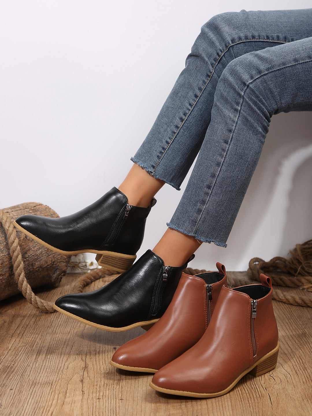 Livia Vegan Leather Block-Heel Ankle Boots