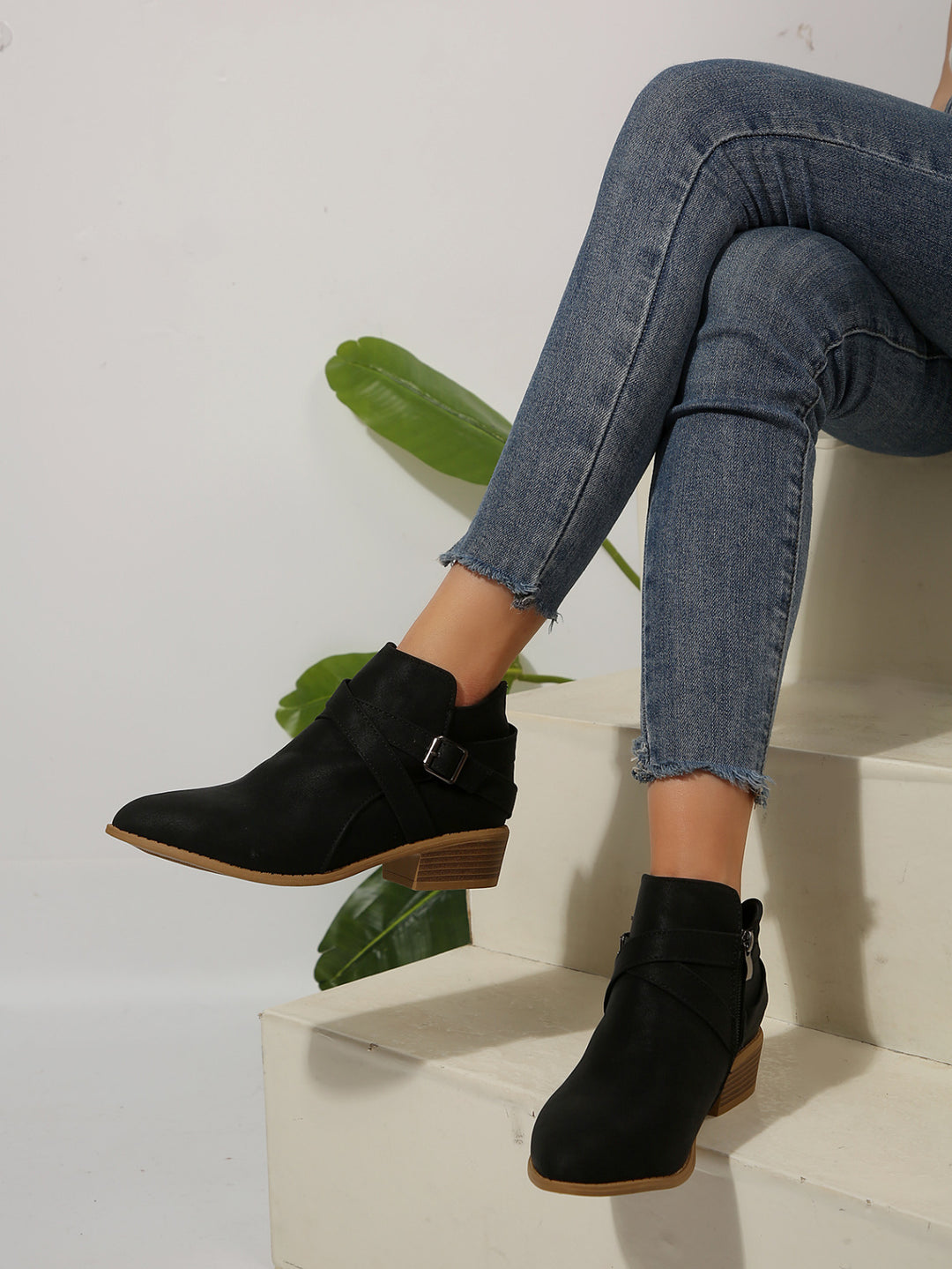 Diana Vegan Leather Buckle Block-Heel Boots