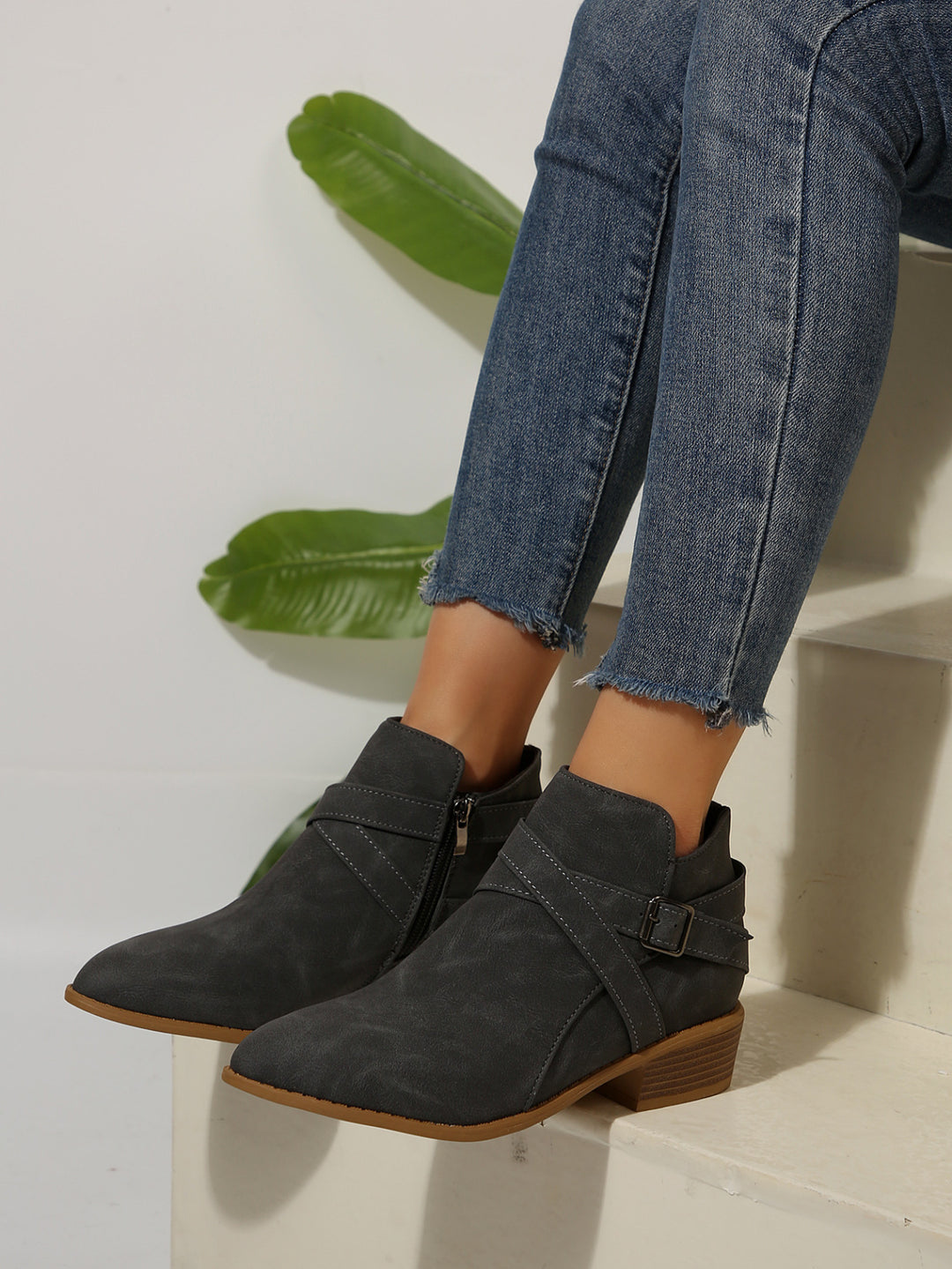 Diana Vegan Leather Buckle Block-Heel Boots