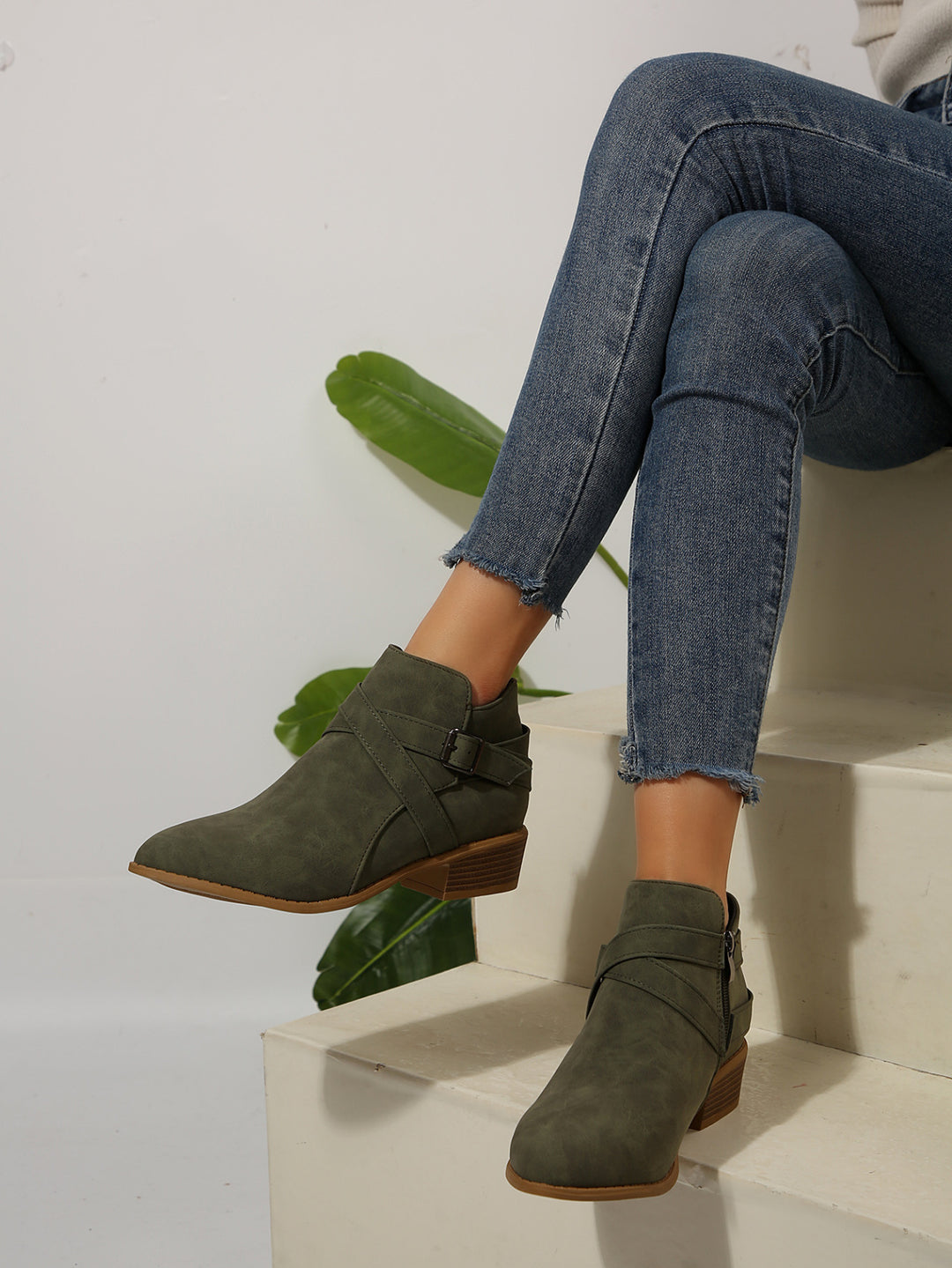 Diana Vegan Leather Buckle Block-Heel Boots