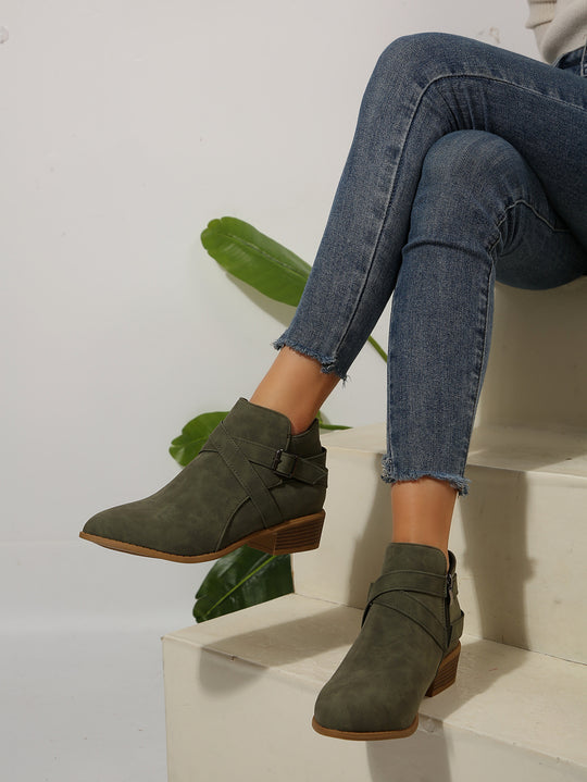 Diana Vegan Leather Buckle Block-Heel Boots