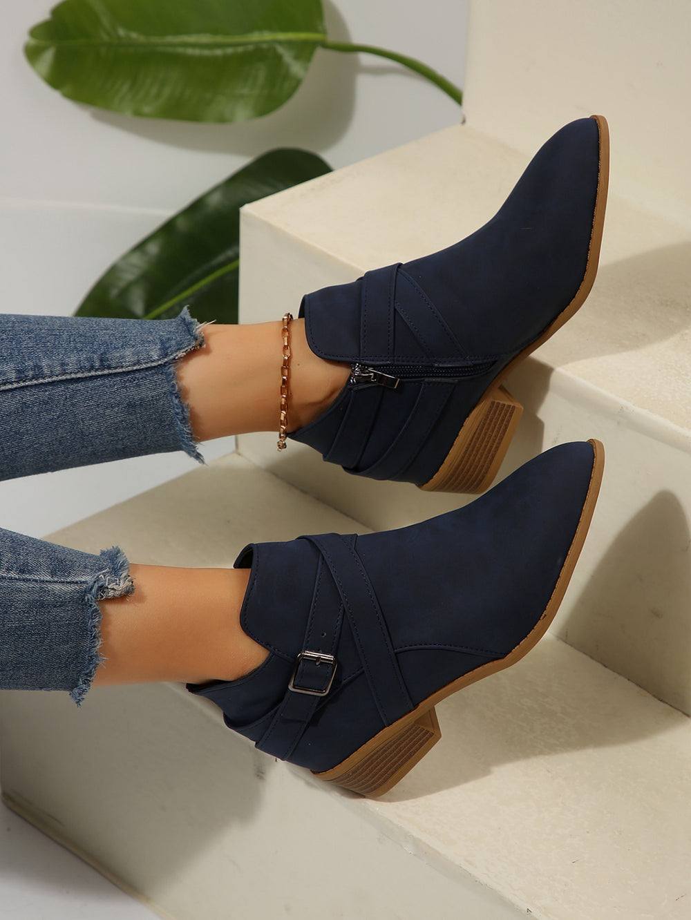 Diana Vegan Leather Buckle Block-Heel Boots