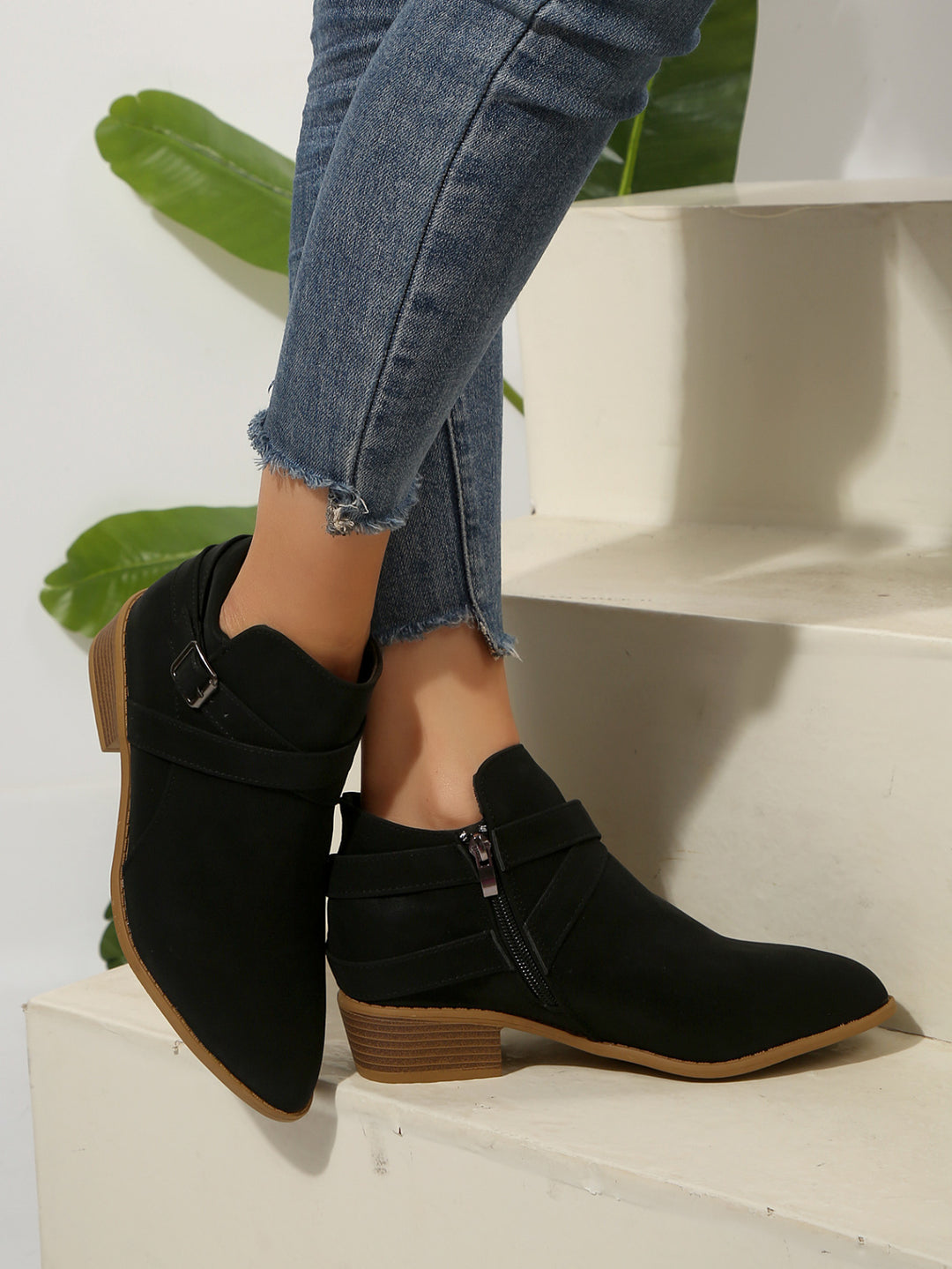 Diana Vegan Leather Buckle Block-Heel Boots