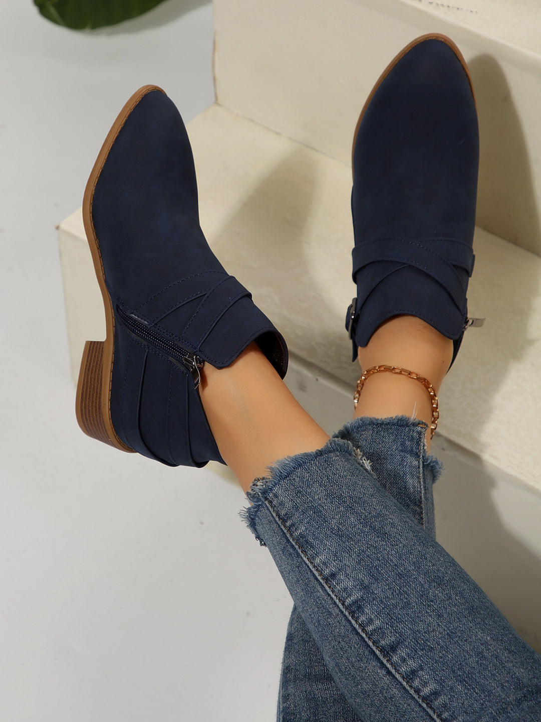 Diana Vegan Leather Buckle Block-Heel Boots