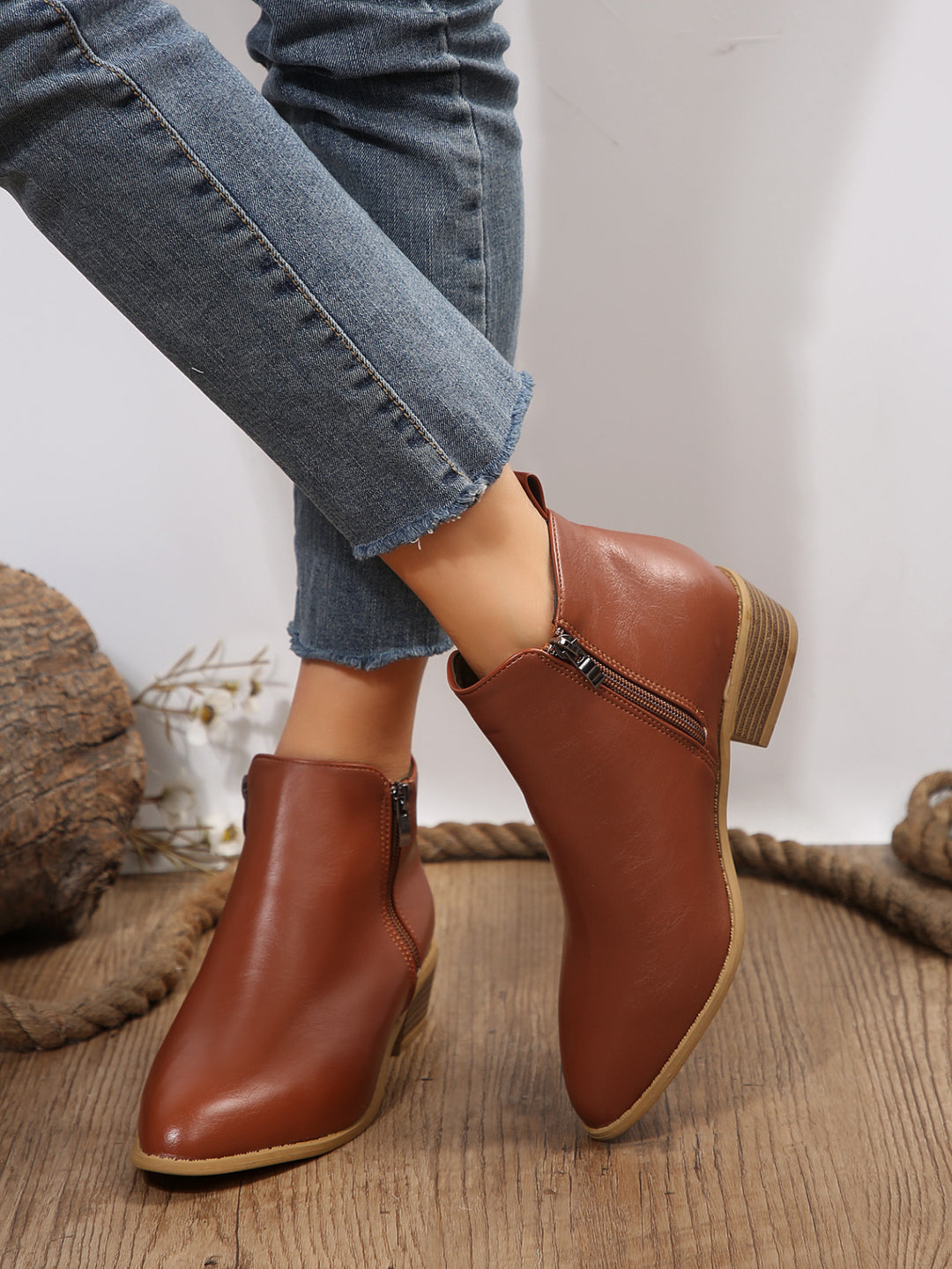 Livia Vegan Leather Block-Heel Ankle Boots