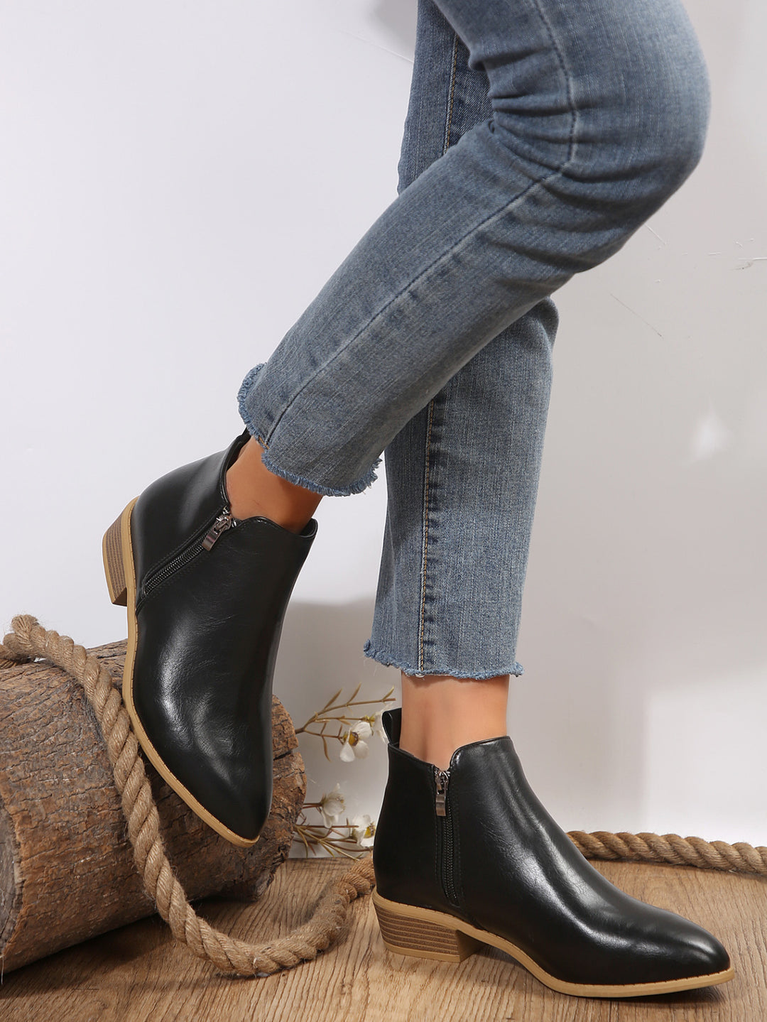 Livia Vegan Leather Block-Heel Ankle Boots