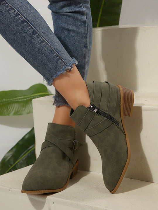 Diana Vegan Leather Buckle Block-Heel Boots