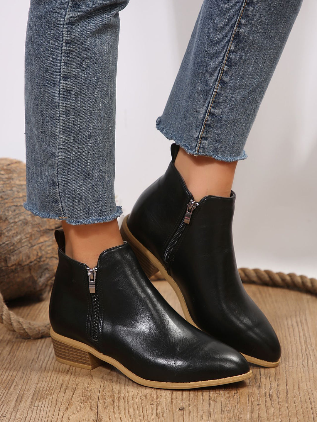 Livia Vegan Leather Block-Heel Ankle Boots